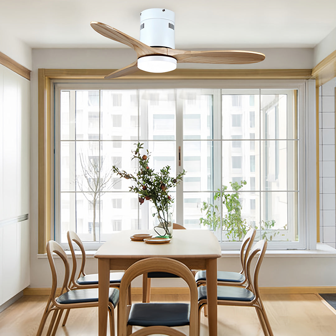 WINTERBOURNE WOODEN FLUSH MOUNT CEILING FAN WITH LIGHT AND SILENT DC MOTOR