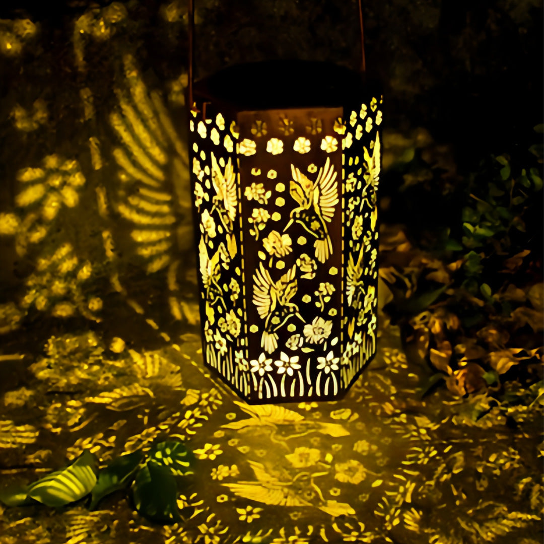 RAVENHALL SCARLET SOLAR LANTERN WITH INTRICATE CUTOUT FRAME