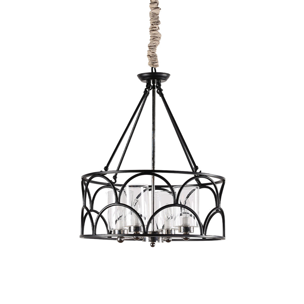 WINTHROP VINTAGE BLACK METAL AND GLASS CEILING CHANDELIER