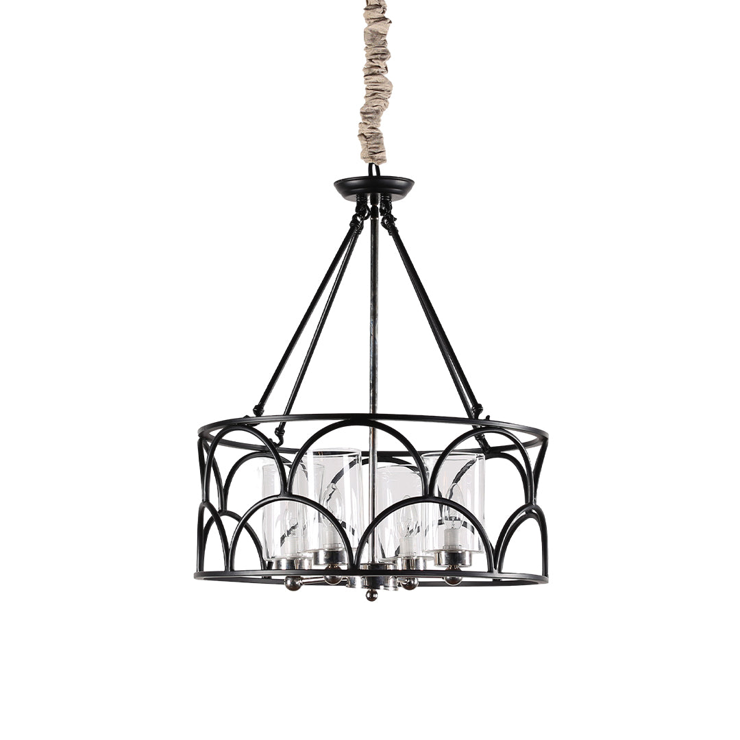 WINTHROP VINTAGE BLACK METAL AND GLASS CEILING CHANDELIER