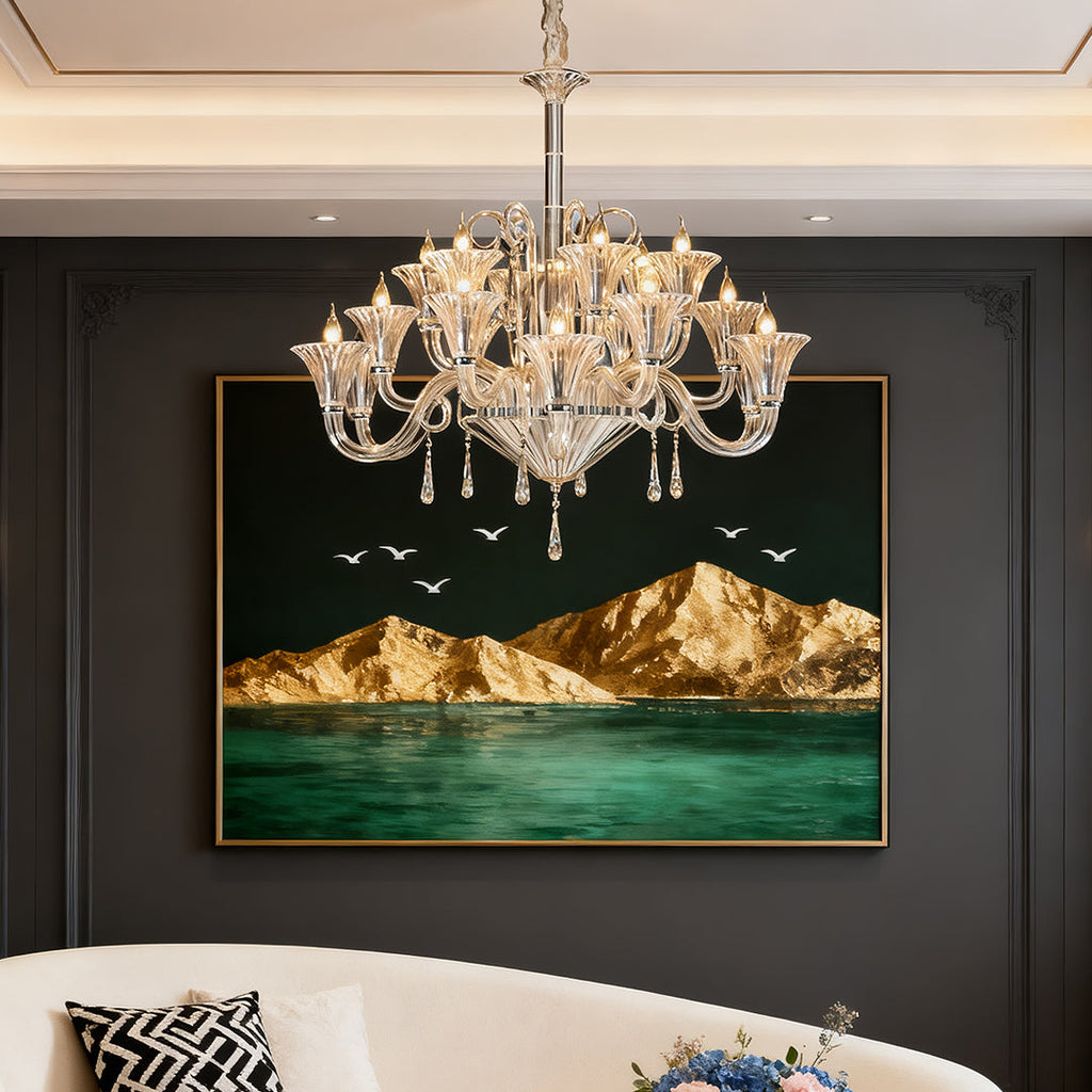 1. **LAVENDULA CRYSTAL SPIRAL CHANDELIER** - A stunning cascade of hand-blown glass in soft lavender hues, designed to illuminate spaces with a graceful twist.

2. **WILLOWSHIRE ARTISAN GLASS CEILING LANTERN** - A captivating blend of intricate glasswork