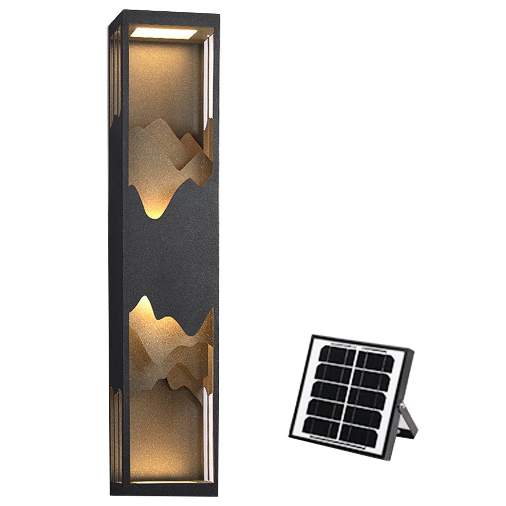 **HARTFIELD SOLAR-POWERED MOUNTAIN VIEW WALL LANTERN**  
Illuminate your outdoor spaces with this waterproof wall lamp featuring a stunning mountain scenery design. Equipped with up and down LED lighting, it enhances your porch or patio with a warm glow w