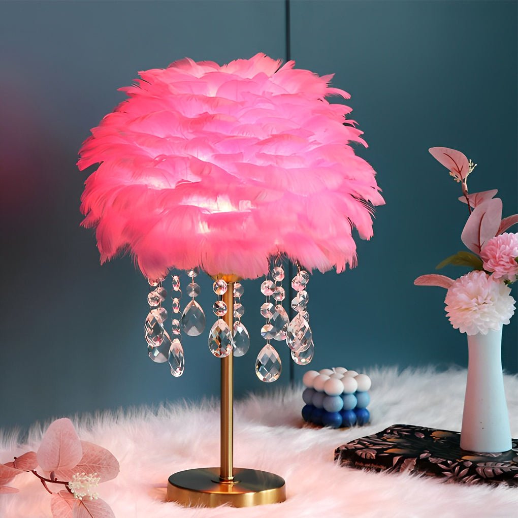 WINDSOR GLOW FEATHERED TABLE LAMP WITH CRYSTAL DROPLET ILLUMINATION