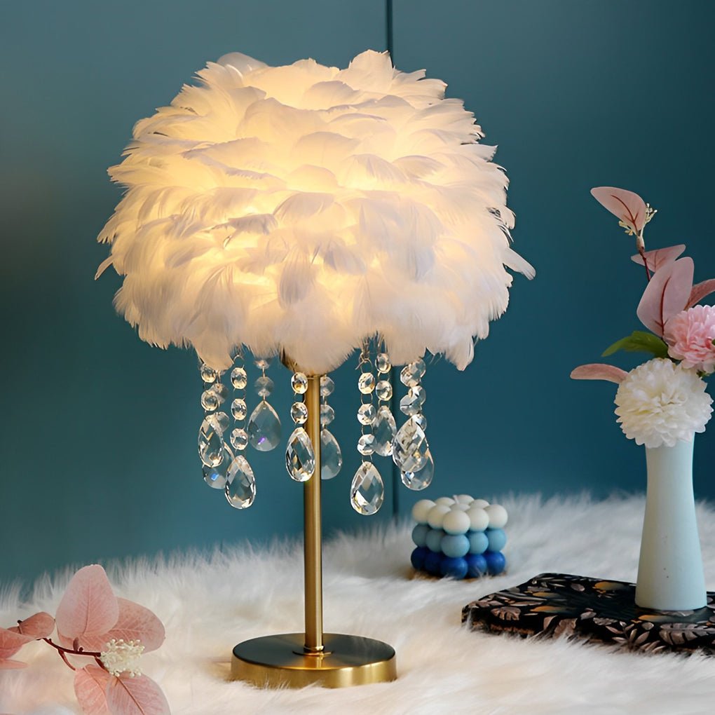 WINDSOR GLOW FEATHERED TABLE LAMP WITH CRYSTAL DROPLET ILLUMINATION