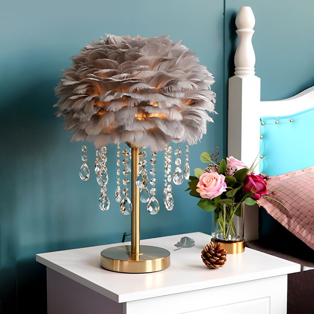 WINDSOR GLOW FEATHERED TABLE LAMP WITH CRYSTAL DROPLET ILLUMINATION