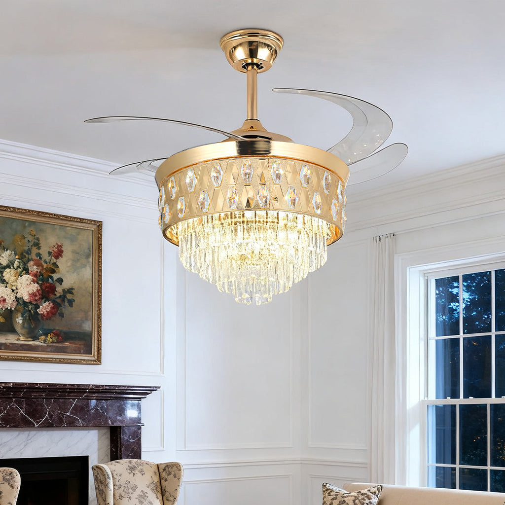 CHARLESTON CRYSTAL FROSTED CEILING FAN WITH GOLD IRON FRAME