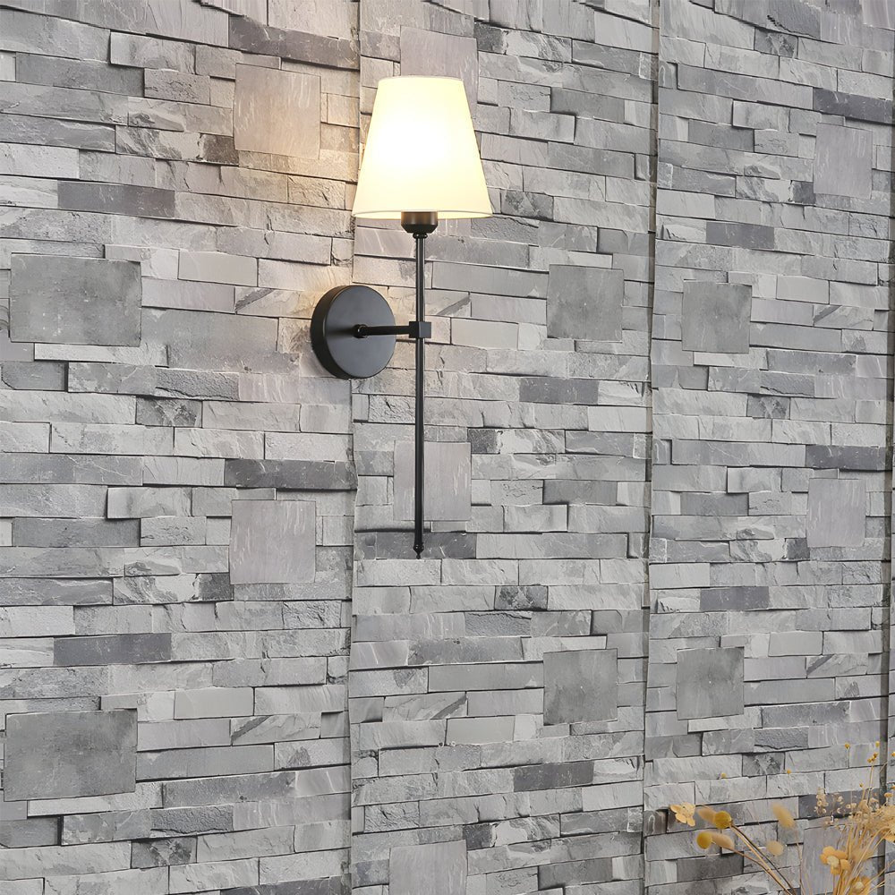 RAVENHALL ONE-BULB BLACK AND GOLD WALL LIGHT WITH WHITE LINEN SHADE