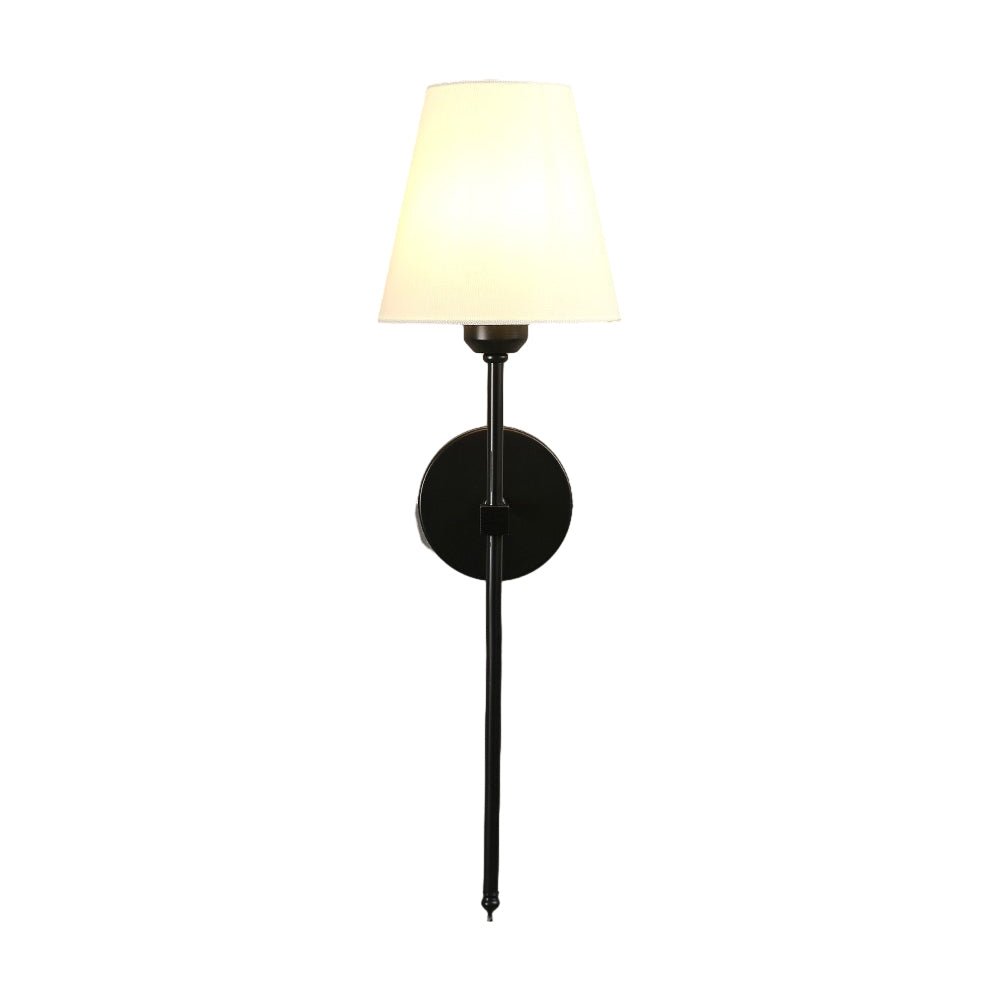 RAVENHALL ONE-BULB BLACK AND GOLD WALL LIGHT WITH WHITE LINEN SHADE