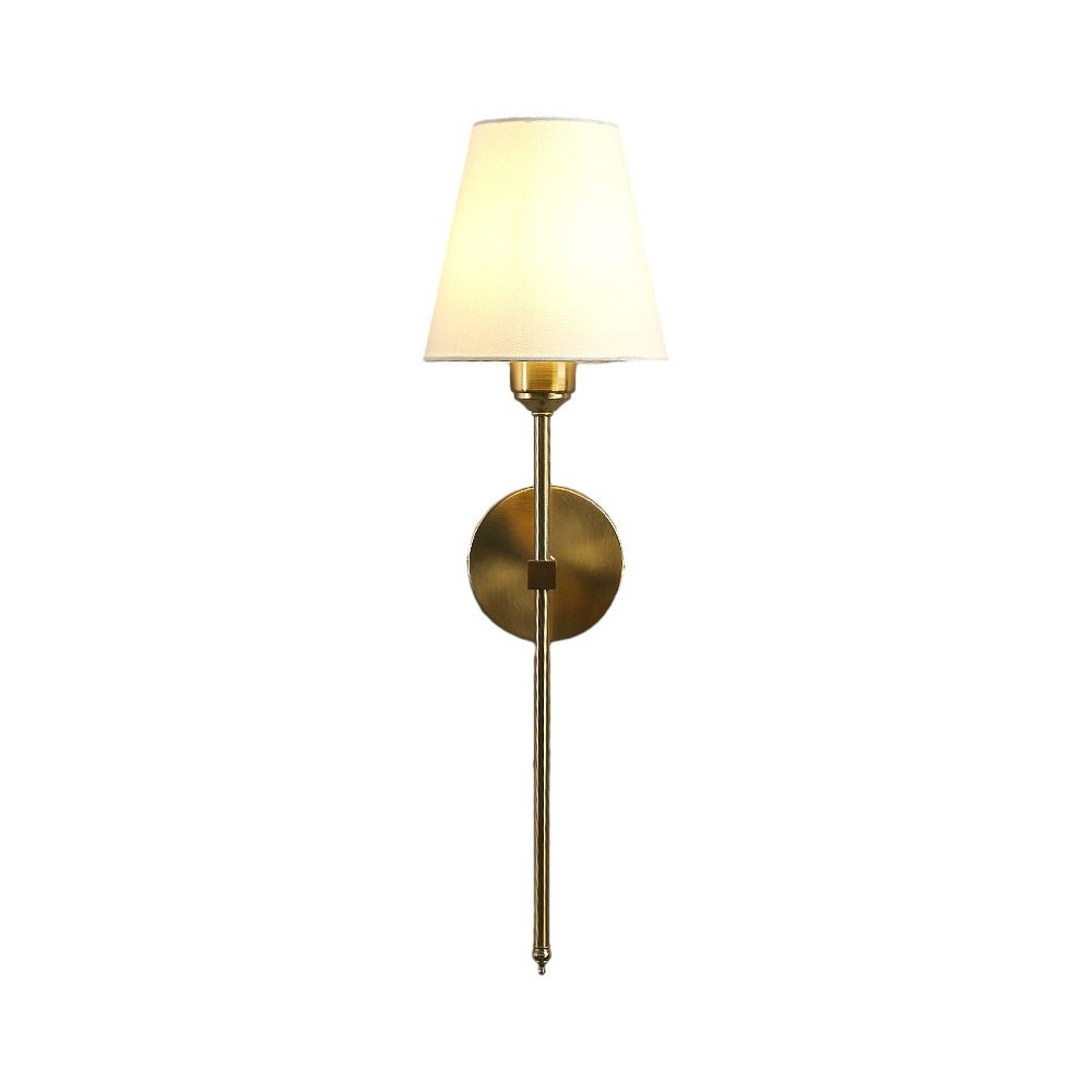 RAVENHALL ONE-BULB BLACK AND GOLD WALL LIGHT WITH WHITE LINEN SHADE