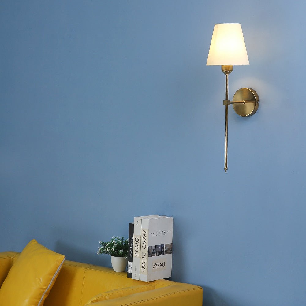 RAVENHALL ONE-BULB BLACK AND GOLD WALL LIGHT WITH WHITE LINEN SHADE