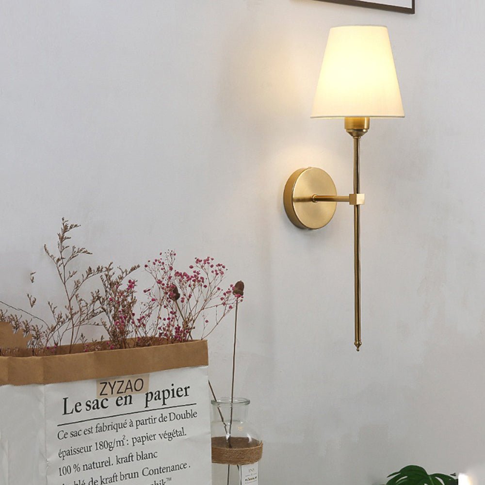RAVENHALL ONE-BULB BLACK AND GOLD WALL LIGHT WITH WHITE LINEN SHADE