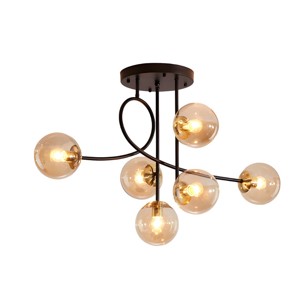 WINTHROP GILDED SIX-BULB SEMI-FLUSH CEILING LIGHT WITH CRYSTAL GLOBE