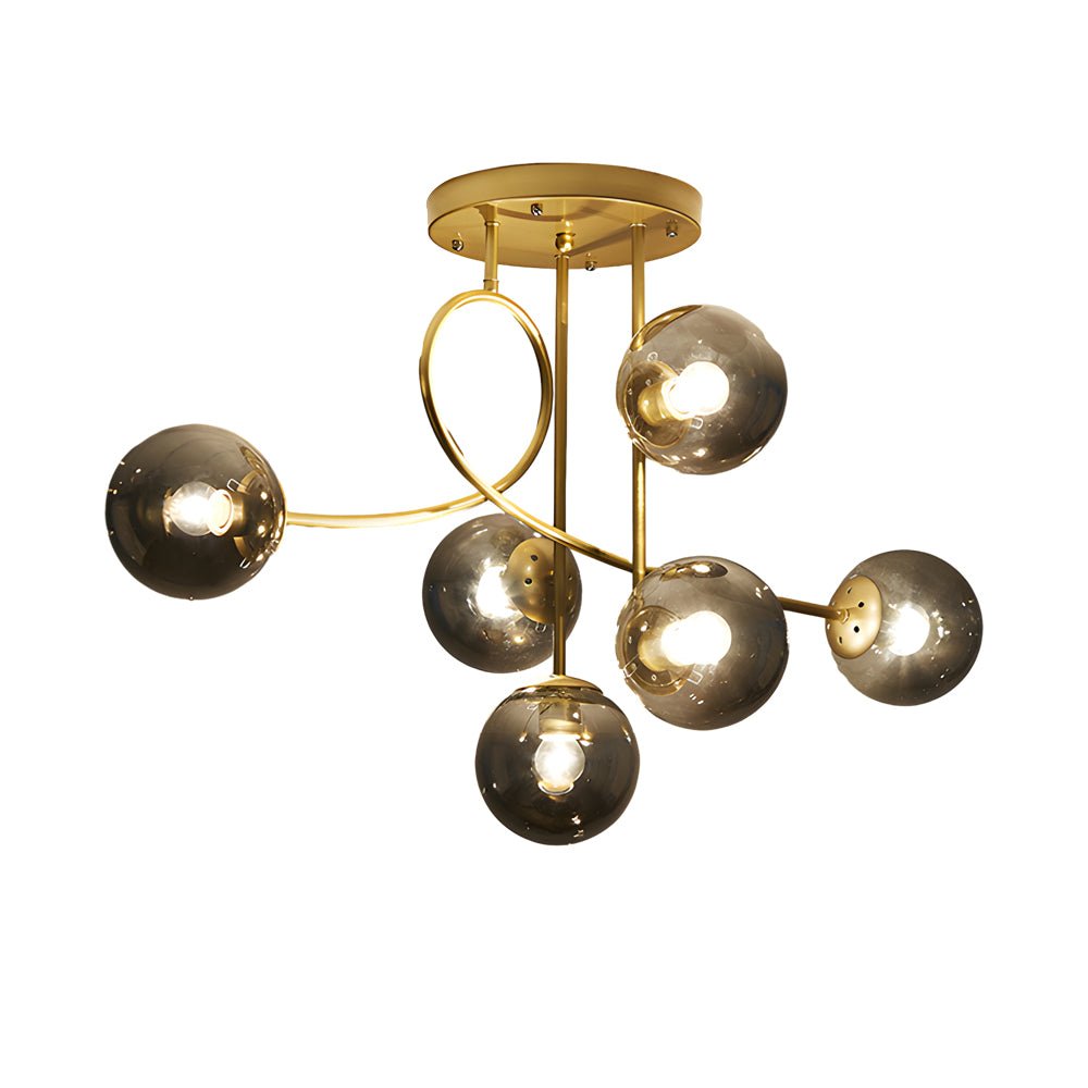 WINTHROP GILDED SIX-BULB SEMI-FLUSH CEILING LIGHT WITH CRYSTAL GLOBE