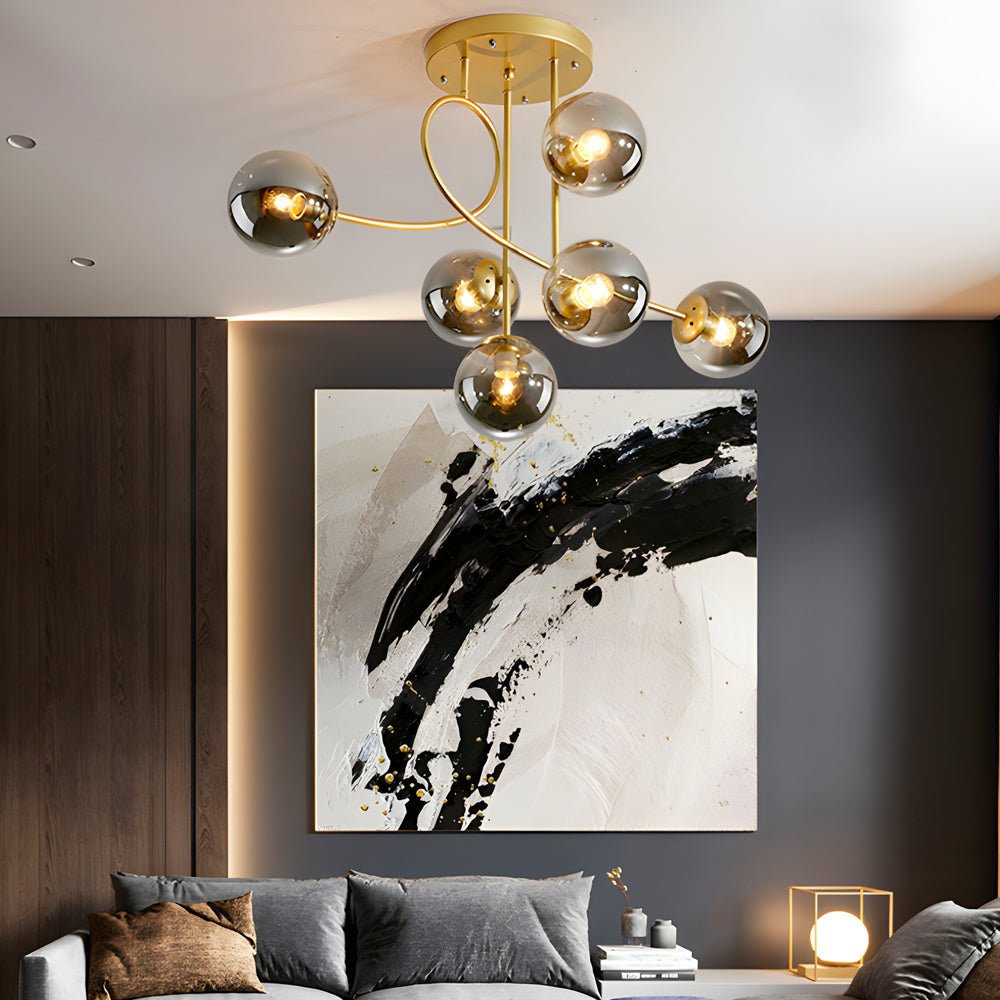 WINTHROP GILDED SIX-BULB SEMI-FLUSH CEILING LIGHT WITH CRYSTAL GLOBE