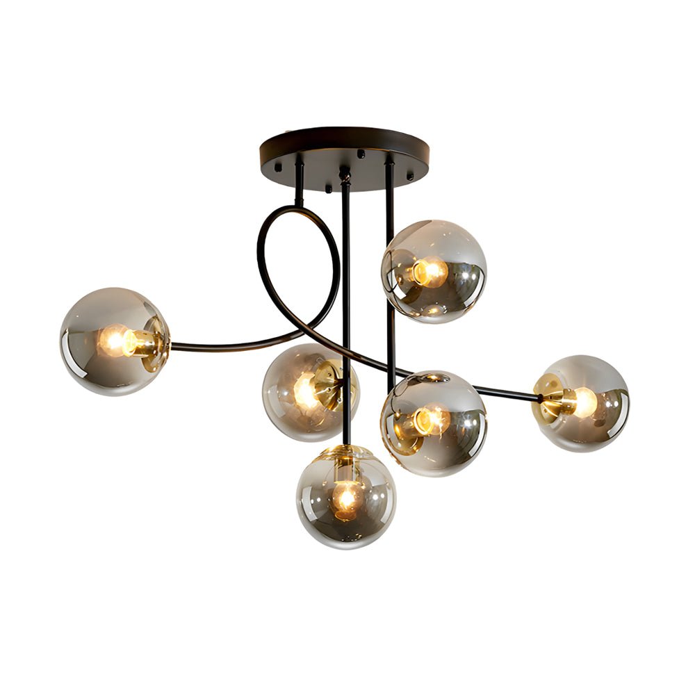 WINTHROP GILDED SIX-BULB SEMI-FLUSH CEILING LIGHT WITH CRYSTAL GLOBE