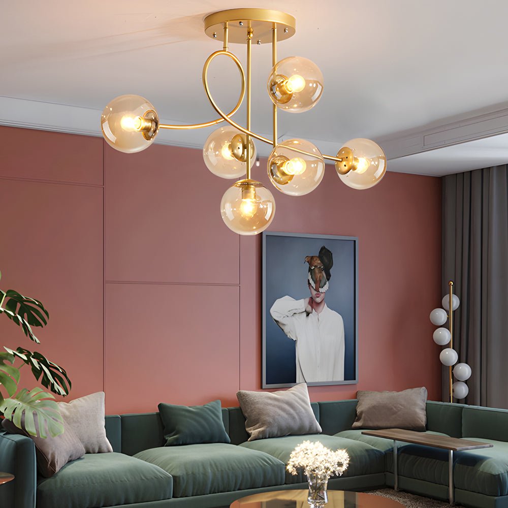 WINTHROP GILDED SIX-BULB SEMI-FLUSH CEILING LIGHT WITH CRYSTAL GLOBE
