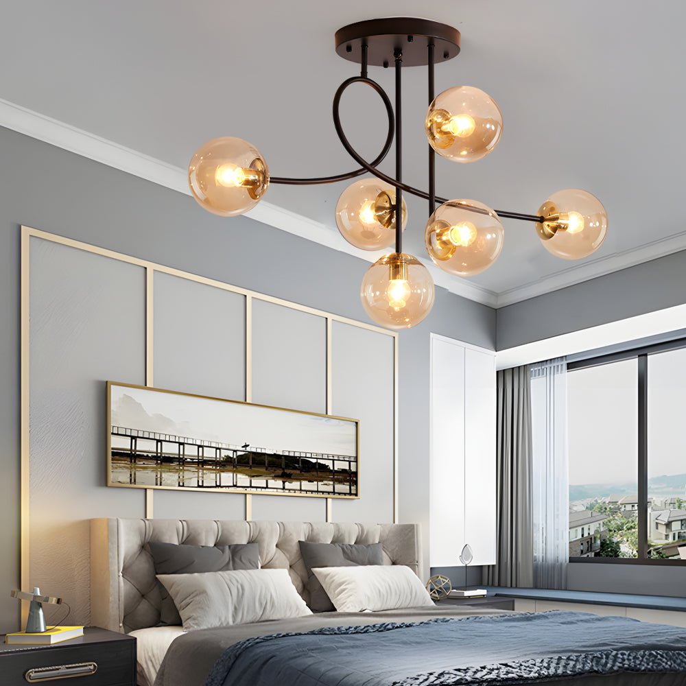 WINTHROP GILDED SIX-BULB SEMI-FLUSH CEILING LIGHT WITH CRYSTAL GLOBE