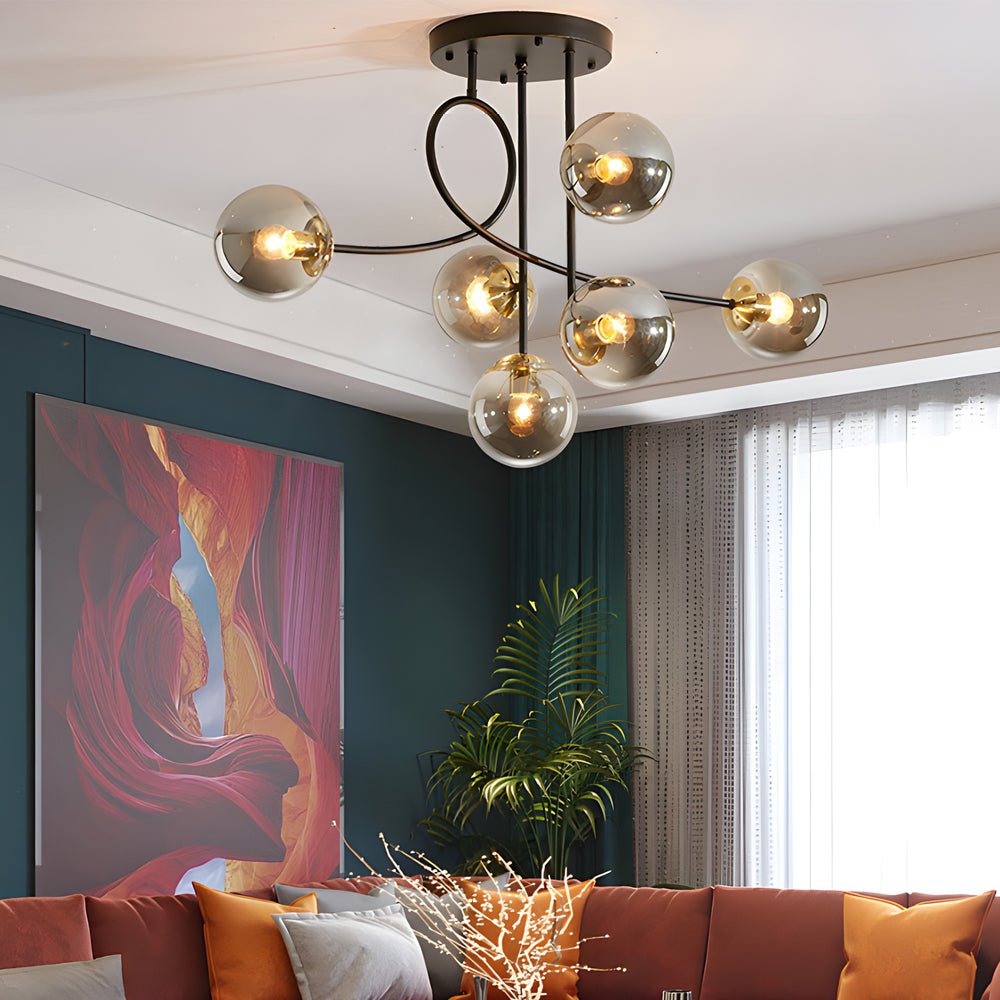 WINTHROP GILDED SIX-BULB SEMI-FLUSH CEILING LIGHT WITH CRYSTAL GLOBE