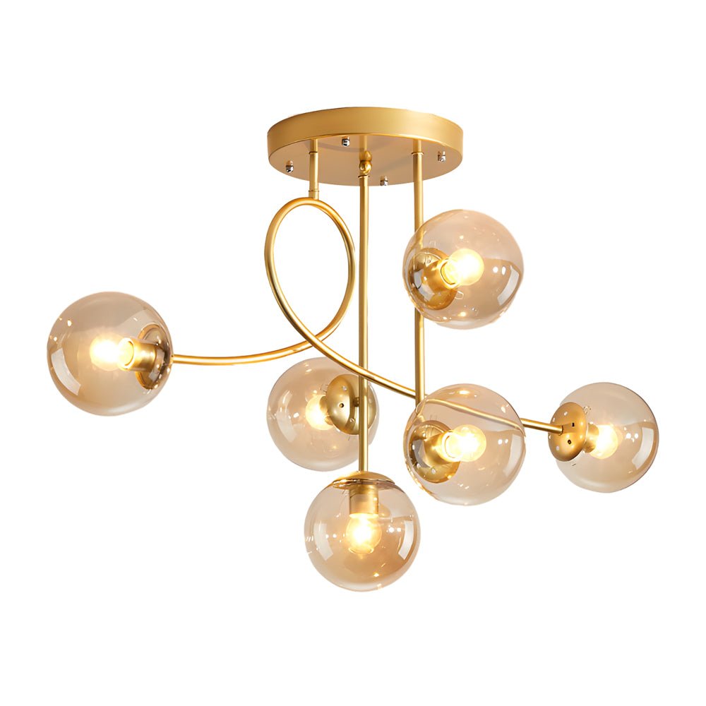 WINTHROP GILDED SIX-BULB SEMI-FLUSH CEILING LIGHT WITH CRYSTAL GLOBE