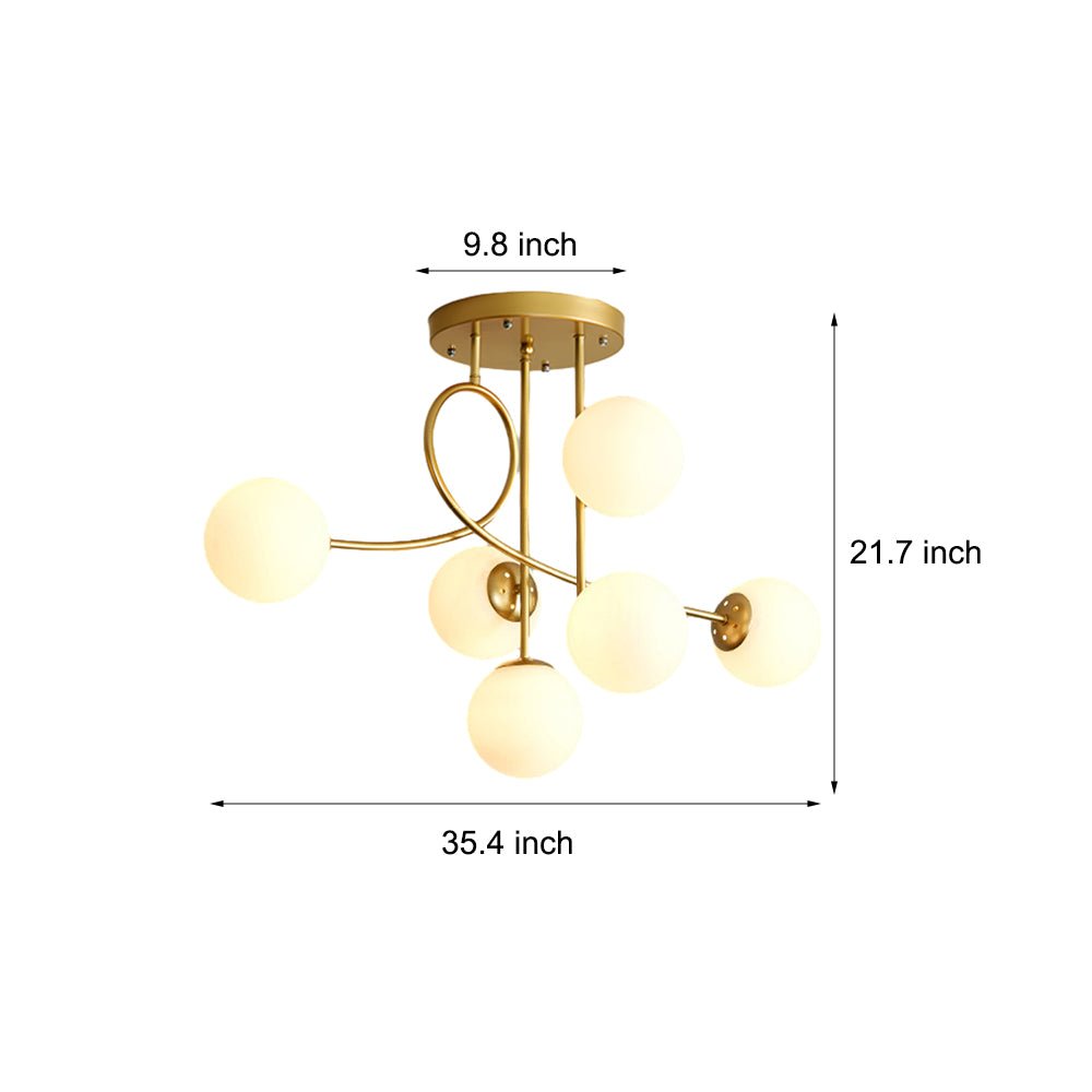 WINTHROP GILDED SIX-BULB SEMI-FLUSH CEILING LIGHT WITH CRYSTAL GLOBE