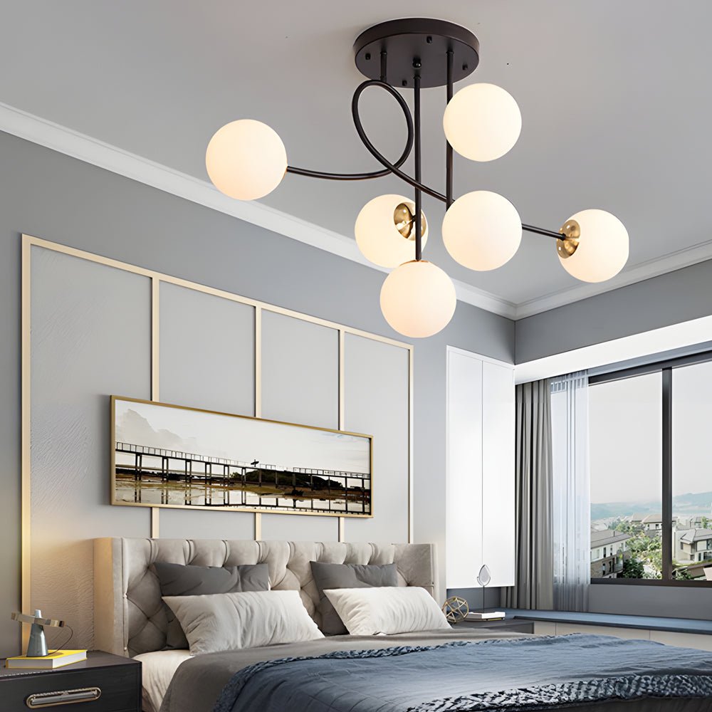 WINTHROP GILDED SIX-BULB SEMI-FLUSH CEILING LIGHT WITH CRYSTAL GLOBE