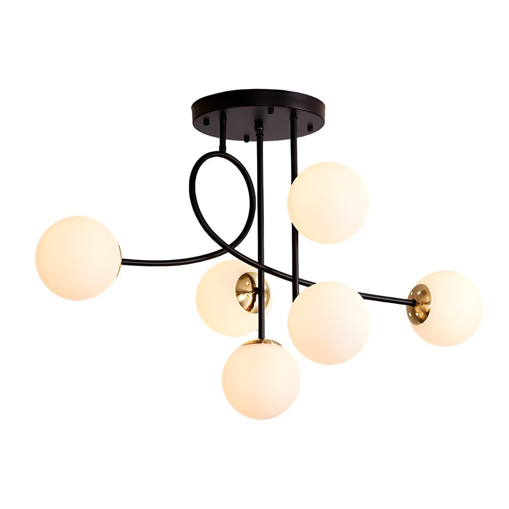 WINTHROP GILDED SIX-BULB SEMI-FLUSH CEILING LIGHT WITH CRYSTAL GLOBE