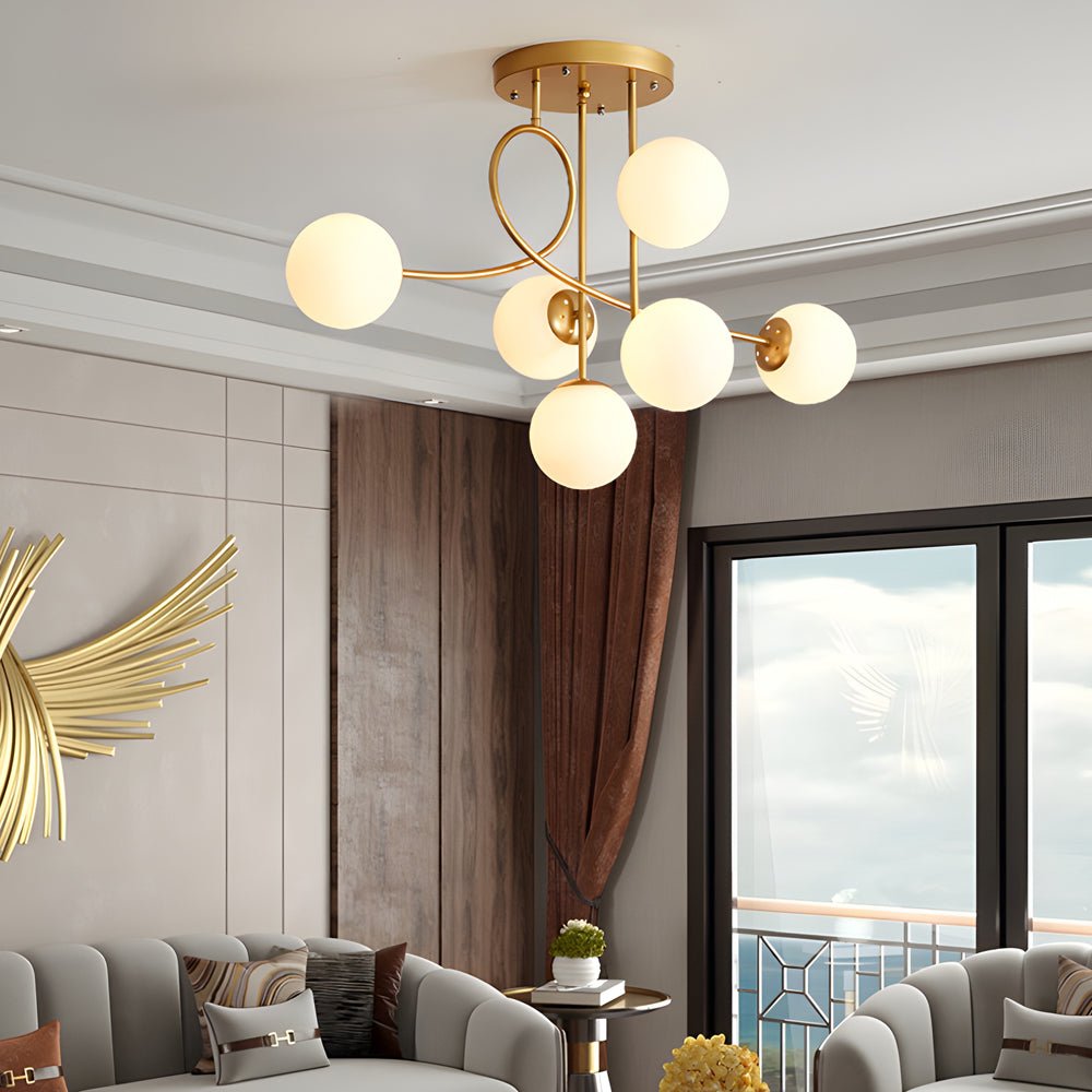 WINTHROP GILDED SIX-BULB SEMI-FLUSH CEILING LIGHT WITH CRYSTAL GLOBE