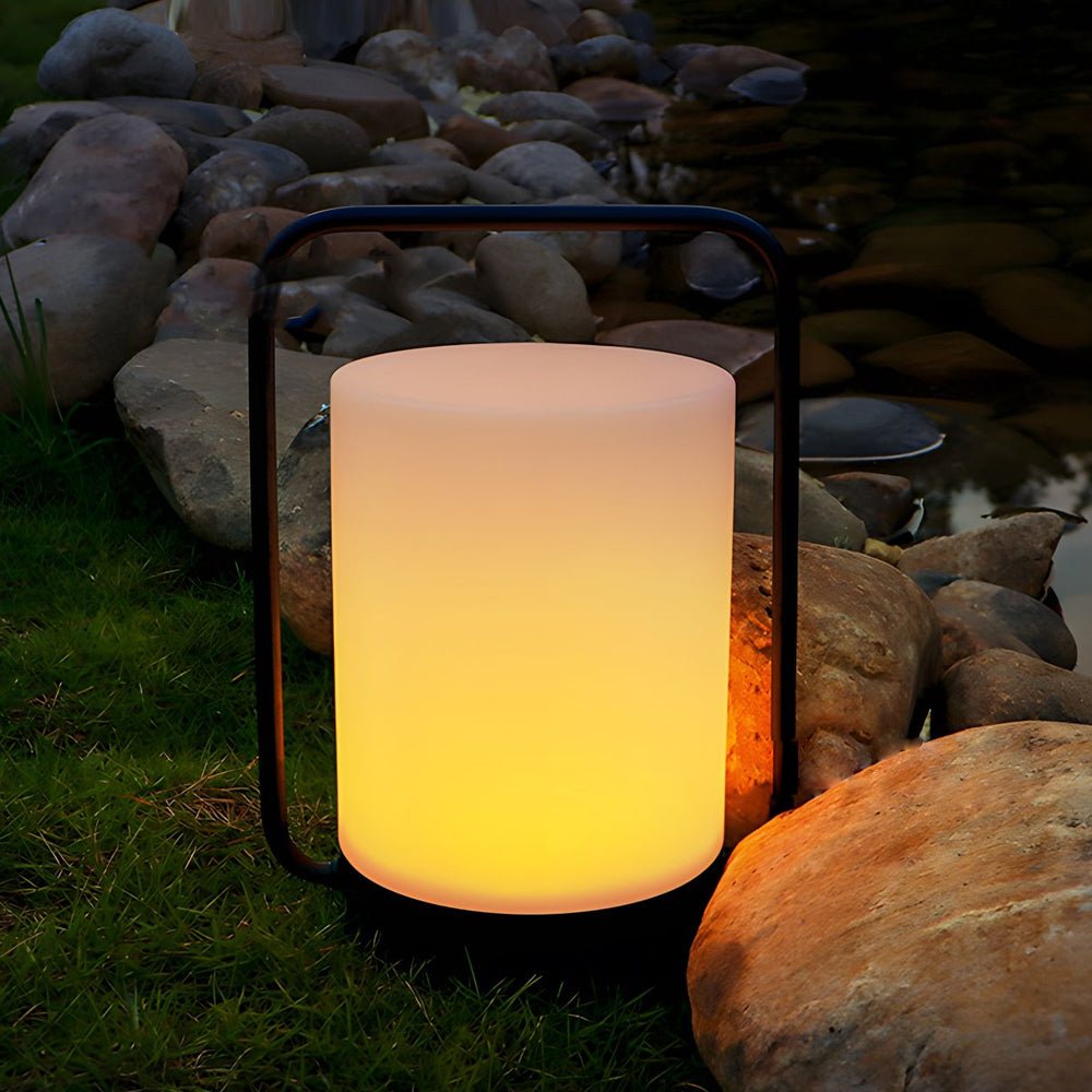 RAVENHURST BLACK OUTDOOR LANTERN WITH WHITE CYLINDRICAL SHADE, USB-CHARGED, IP65 RATED