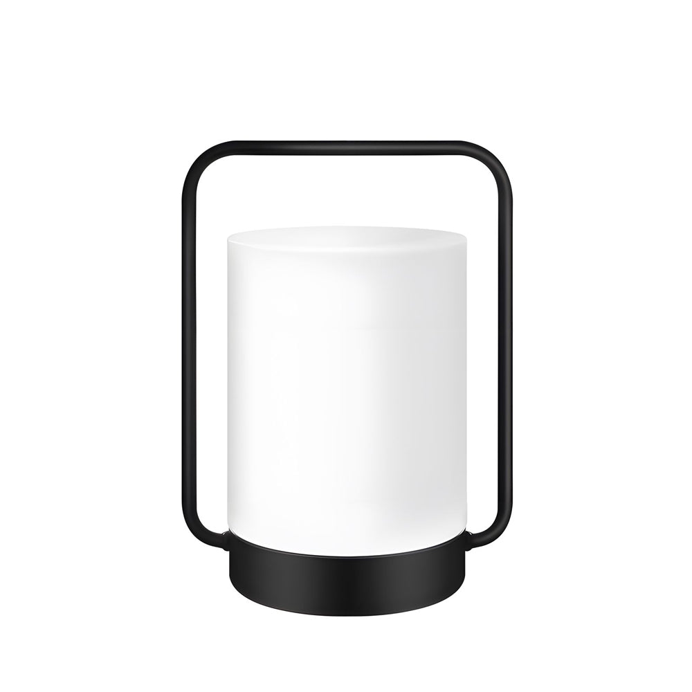 RAVENHURST BLACK OUTDOOR LANTERN WITH WHITE CYLINDRICAL SHADE, USB-CHARGED, IP65 RATED