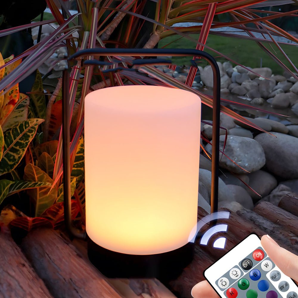 RAVENHURST BLACK OUTDOOR LANTERN WITH WHITE CYLINDRICAL SHADE, USB-CHARGED, IP65 RATED