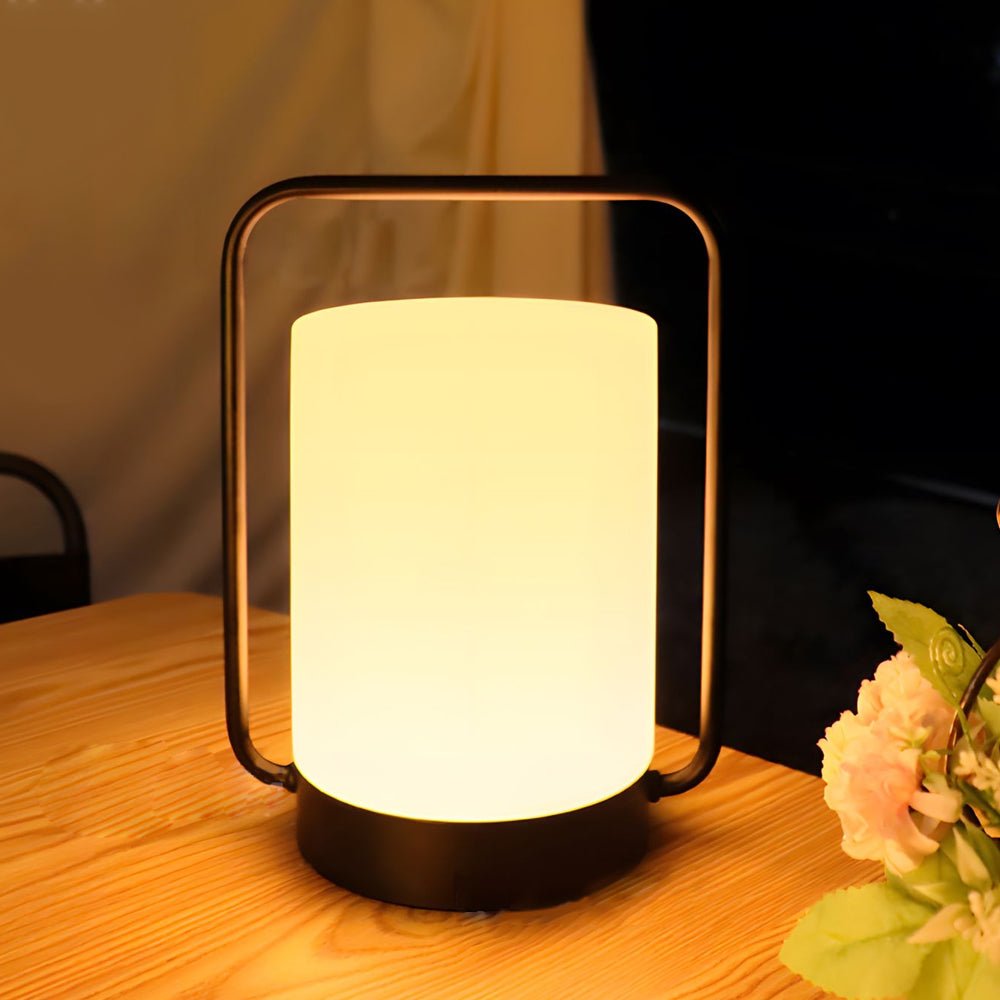 RAVENHURST BLACK OUTDOOR LANTERN WITH WHITE CYLINDRICAL SHADE, USB-CHARGED, IP65 RATED
