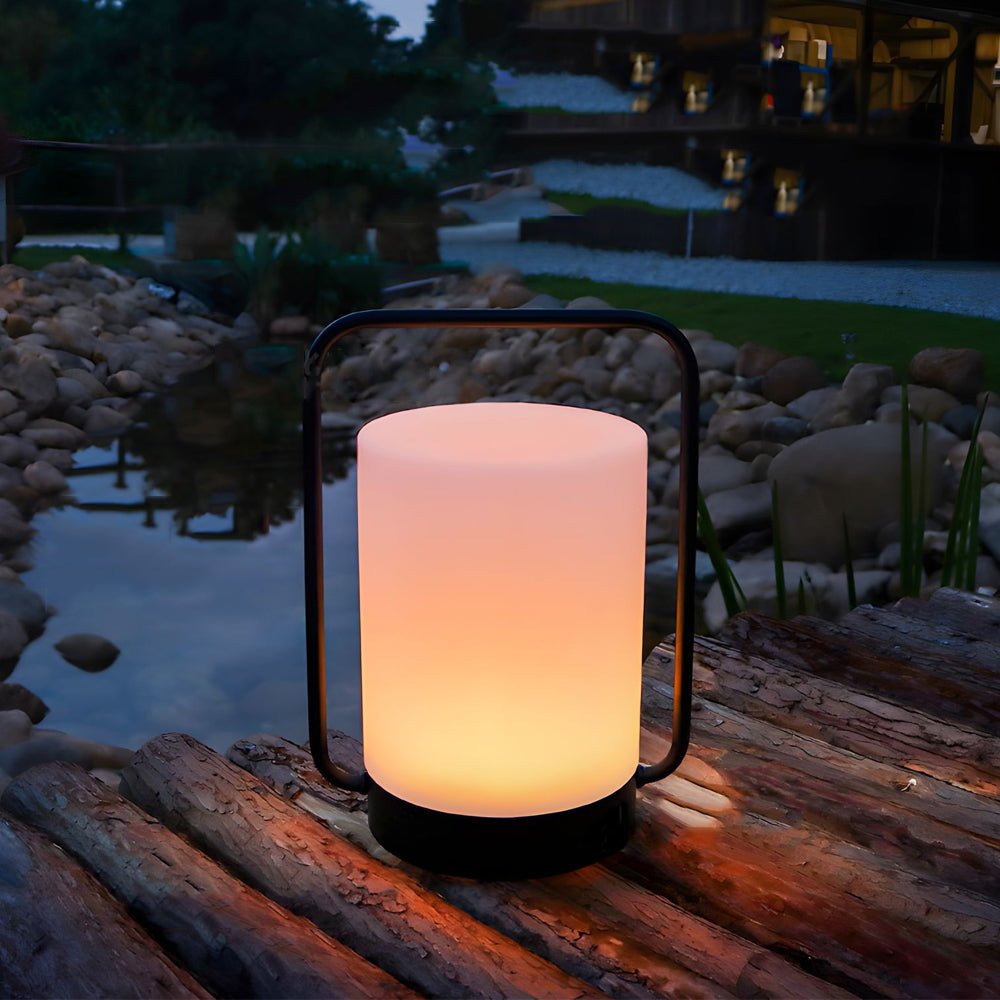 RAVENHURST BLACK OUTDOOR LANTERN WITH WHITE CYLINDRICAL SHADE, USB-CHARGED, IP65 RATED