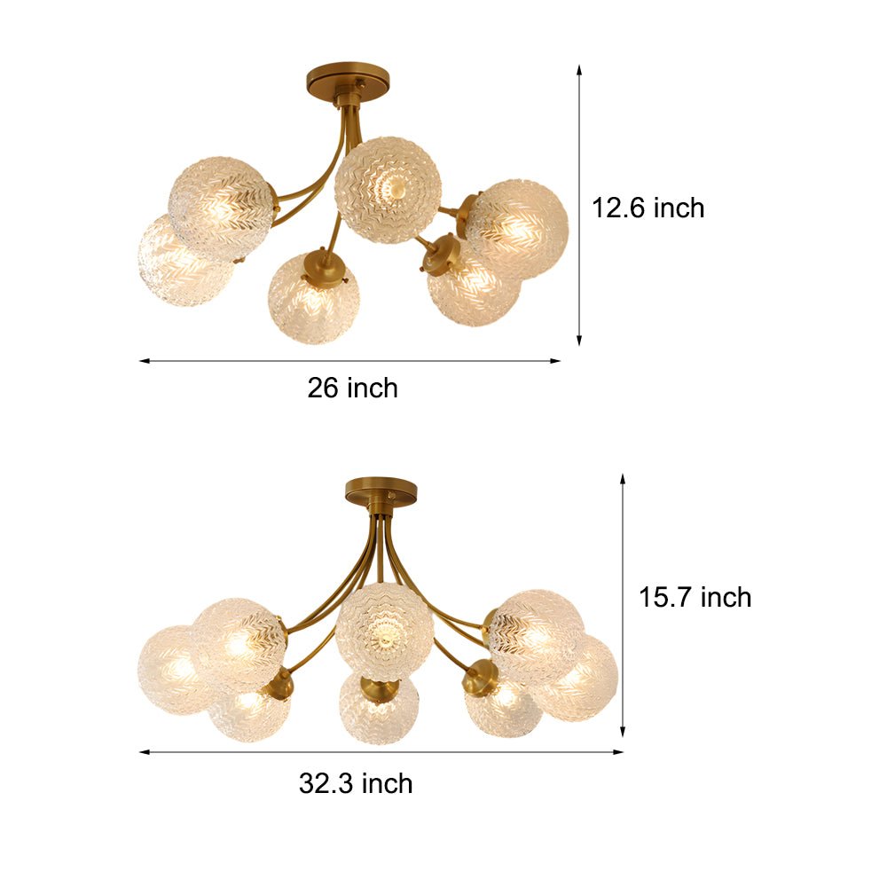 WINTHORPE BRASS ENGRAVED GLASS SEMI-FLUSH CEILING LANTERN - 6/8-BULB
