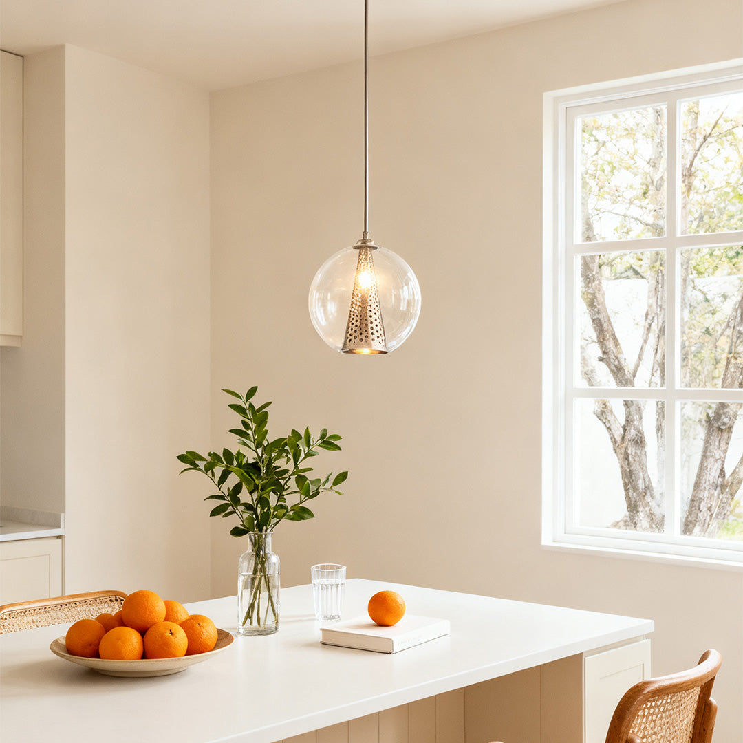 WINDSOR PERFORATED METAL CONE AND GLASS ORB PENDANT LIGHT
