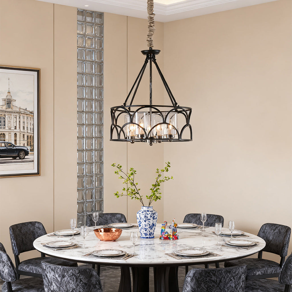 WINTHROP VINTAGE BLACK METAL AND GLASS CEILING CHANDELIER