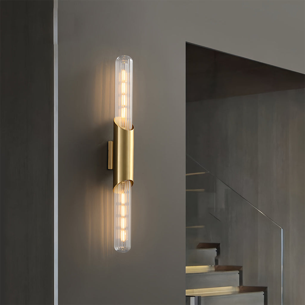 WINTHROP BRASS CYLINDRICAL WALL SCONCE WITH GLASS ELEMENTS