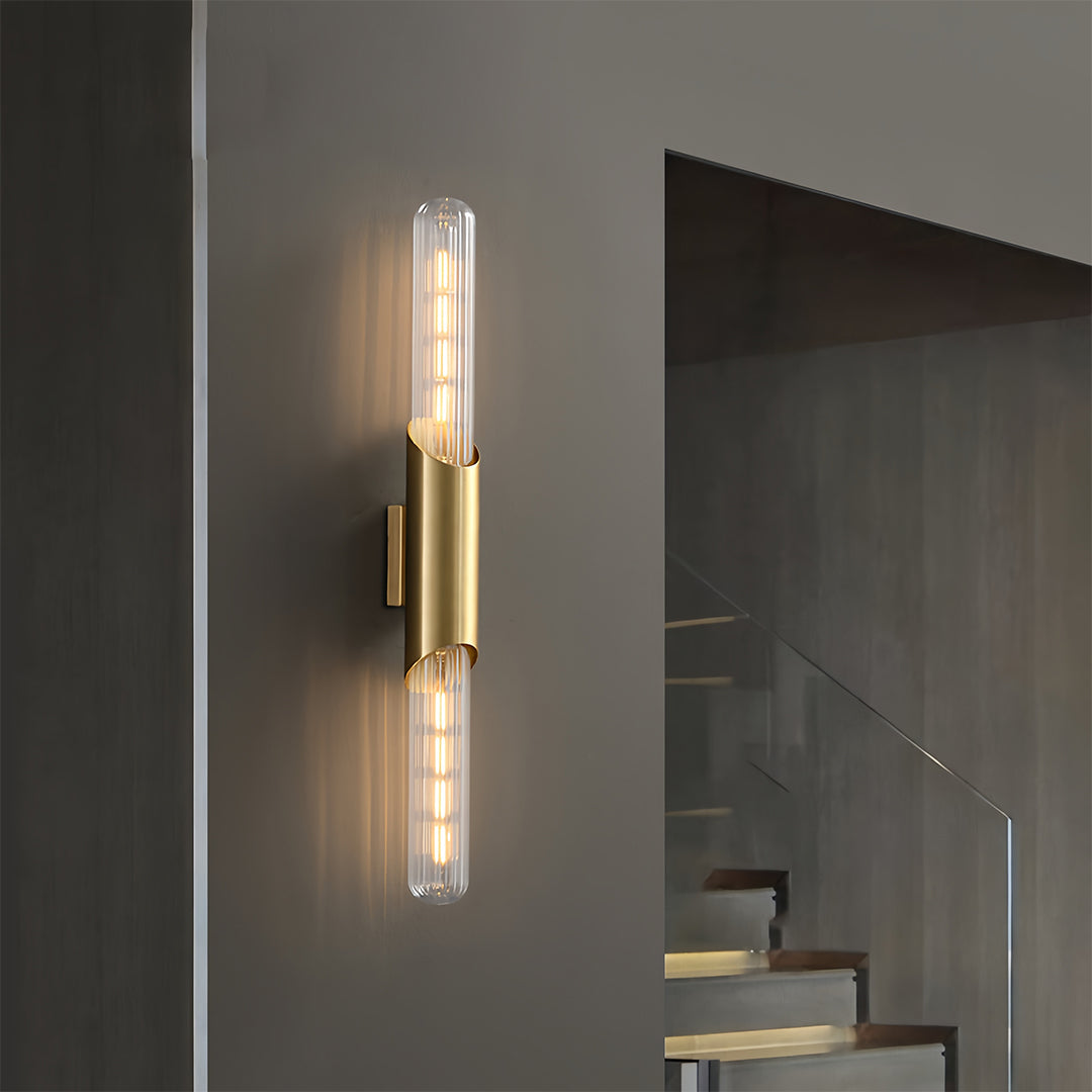 WINTHROP BRASS CYLINDRICAL WALL SCONCE WITH GLASS ELEMENTS