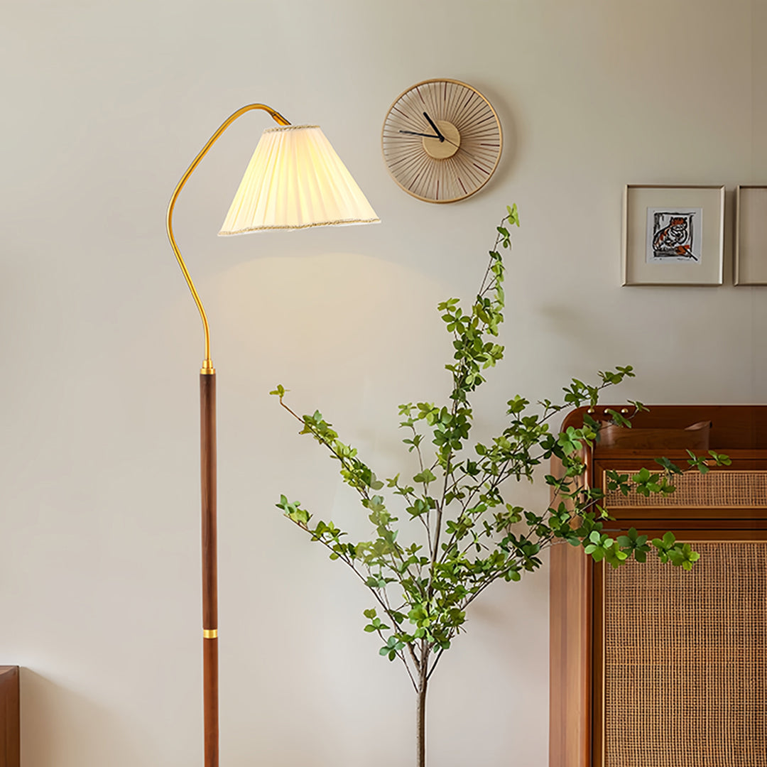 WHITBY WALNUT STANDING LAMP WITH VINTAGE FABRIC SHADE