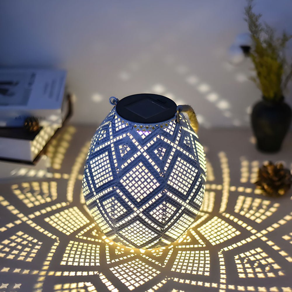 ALCOTT WHITESHINE SOLAR HANGING LANTERN WITH MOROCCAN INFLUENCE