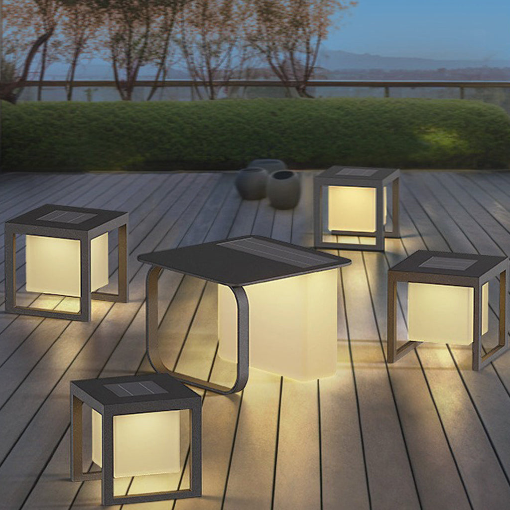 1. "HARTWELL SOLAR TABLE LAMP WITH INTEGRATED SIDE TABLE"  
   - Features a solar-powered lamp with a sleek side table, perfect for outdoor lounging.

2. "WINTHORPE SOLAR-CHARGED LAMP AND ACCENT TABLE"  
   - Combines a solar-powered light source with a s
