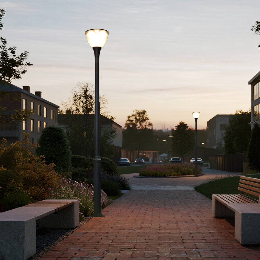**LARCHMONT ILLUMINATED POST LANTERN**  
Sleek and contemporary, this outdoor post lantern features a streamlined silhouette, perfect for illuminating pathways and gardens with a modern touch.

**WINDSOR GLOW OUTDOOR LIGHTING COLUMN**  
A refined lighting