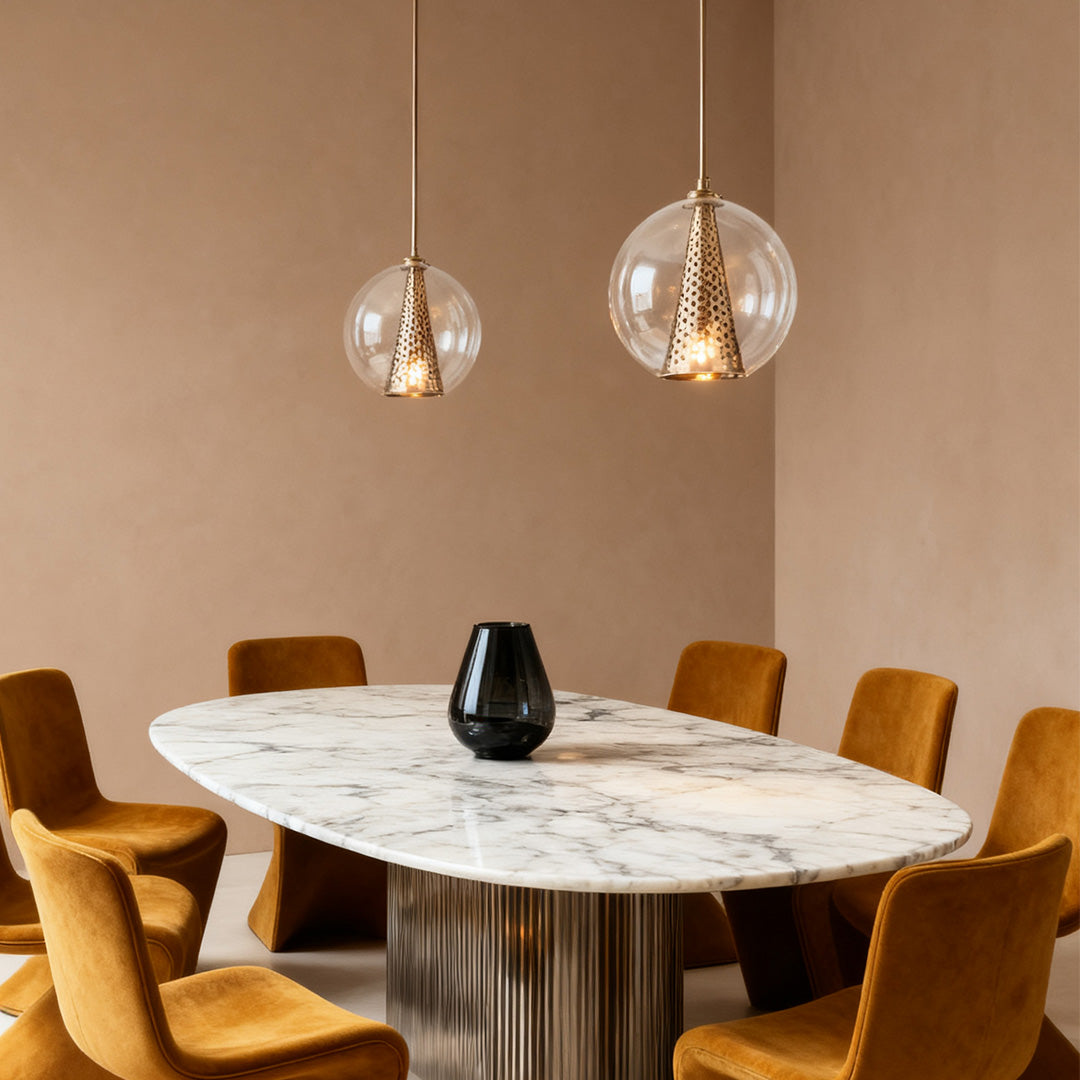 WINDSOR PERFORATED METAL CONE AND GLASS ORB PENDANT LIGHT