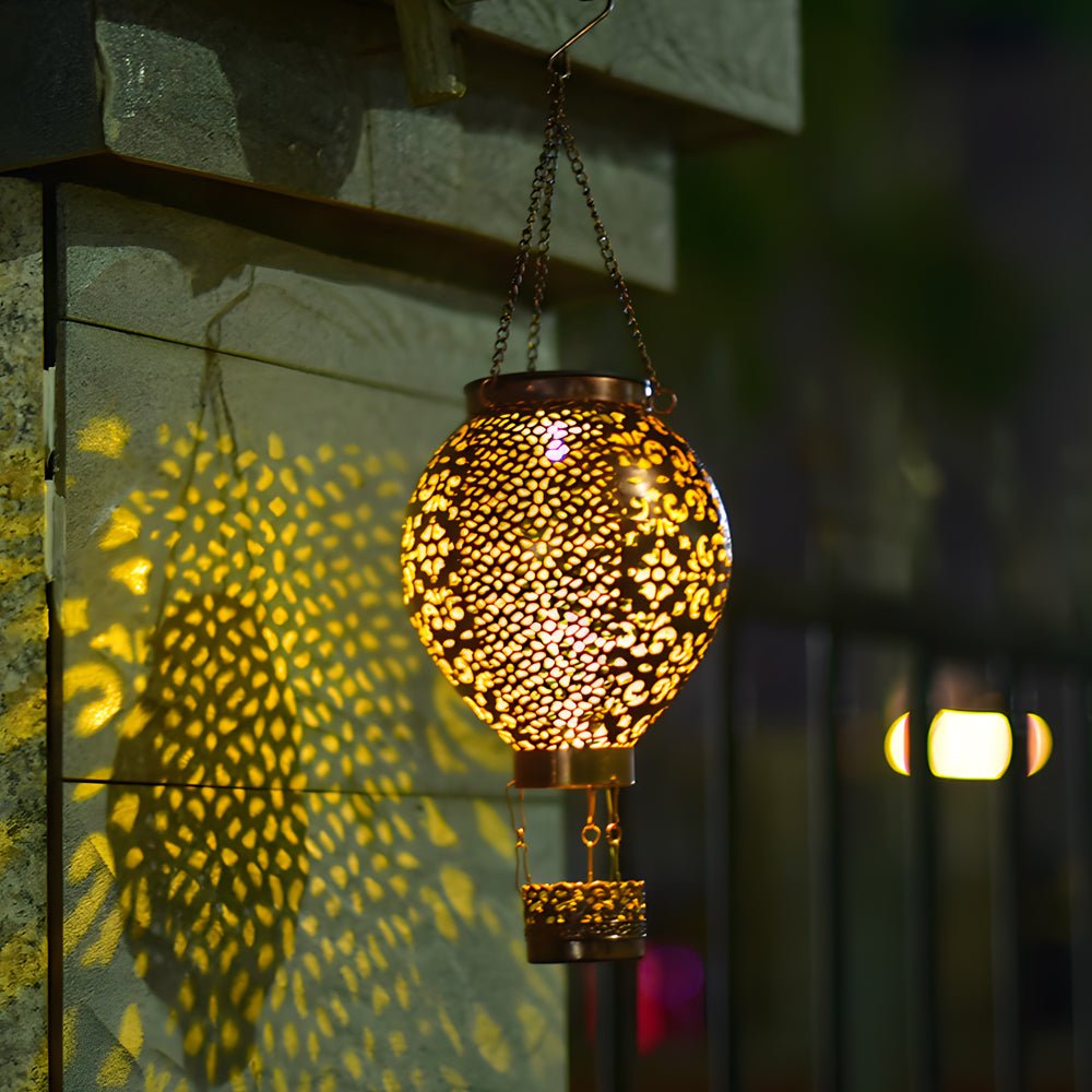 HEATHCLIFF CAST IRON AEROSTAT SOLAR LANTERN, HOLLOW DESIGNED HANGING OUTDOOR LIGHT FOR GARDEN DECOR