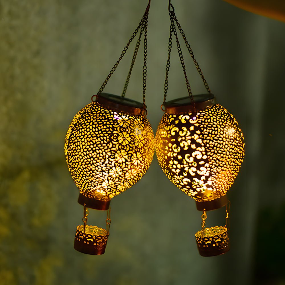 HEATHCLIFF CAST IRON AEROSTAT SOLAR LANTERN, HOLLOW DESIGNED HANGING OUTDOOR LIGHT FOR GARDEN DECOR