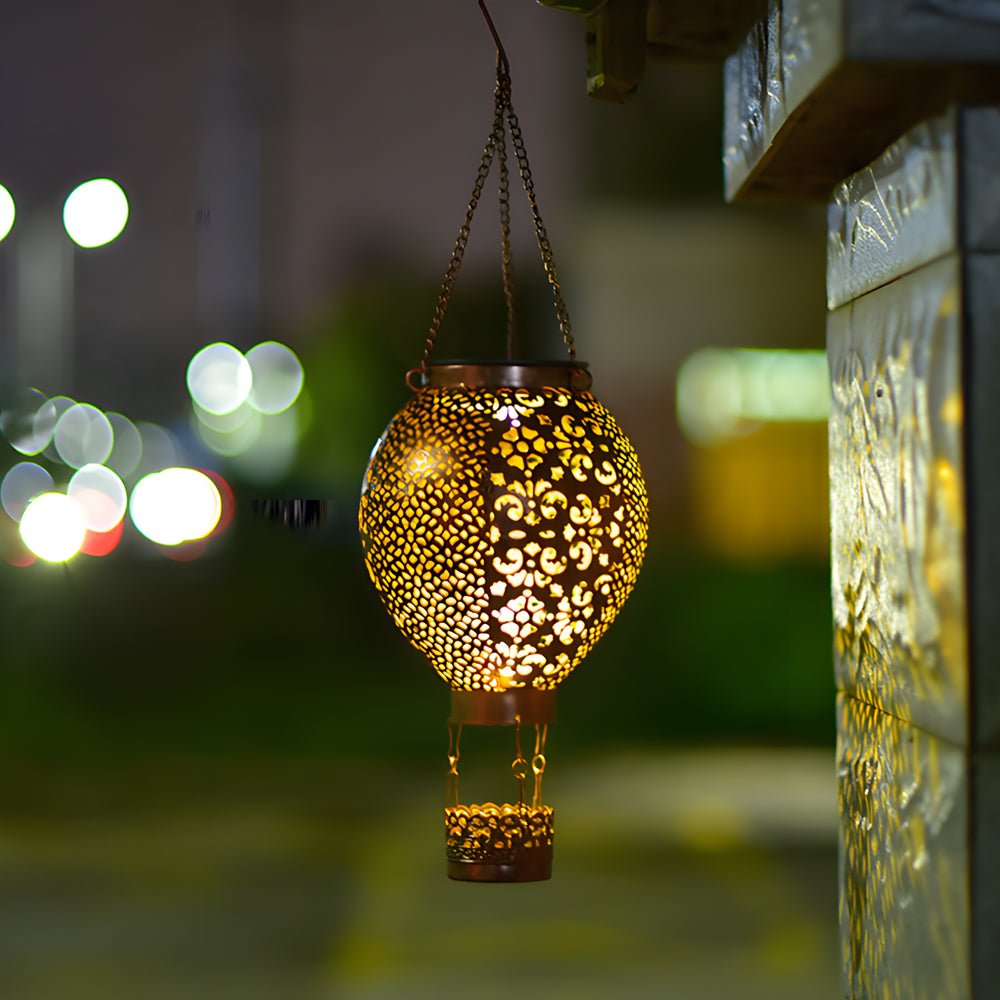 HEATHCLIFF CAST IRON AEROSTAT SOLAR LANTERN, HOLLOW DESIGNED HANGING OUTDOOR LIGHT FOR GARDEN DECOR