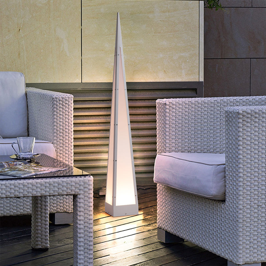 WINTHROP PYRAMIDAL STAINLESS STEEL FLOOR LAMP WITH WATER-RESISTANT DESIGN