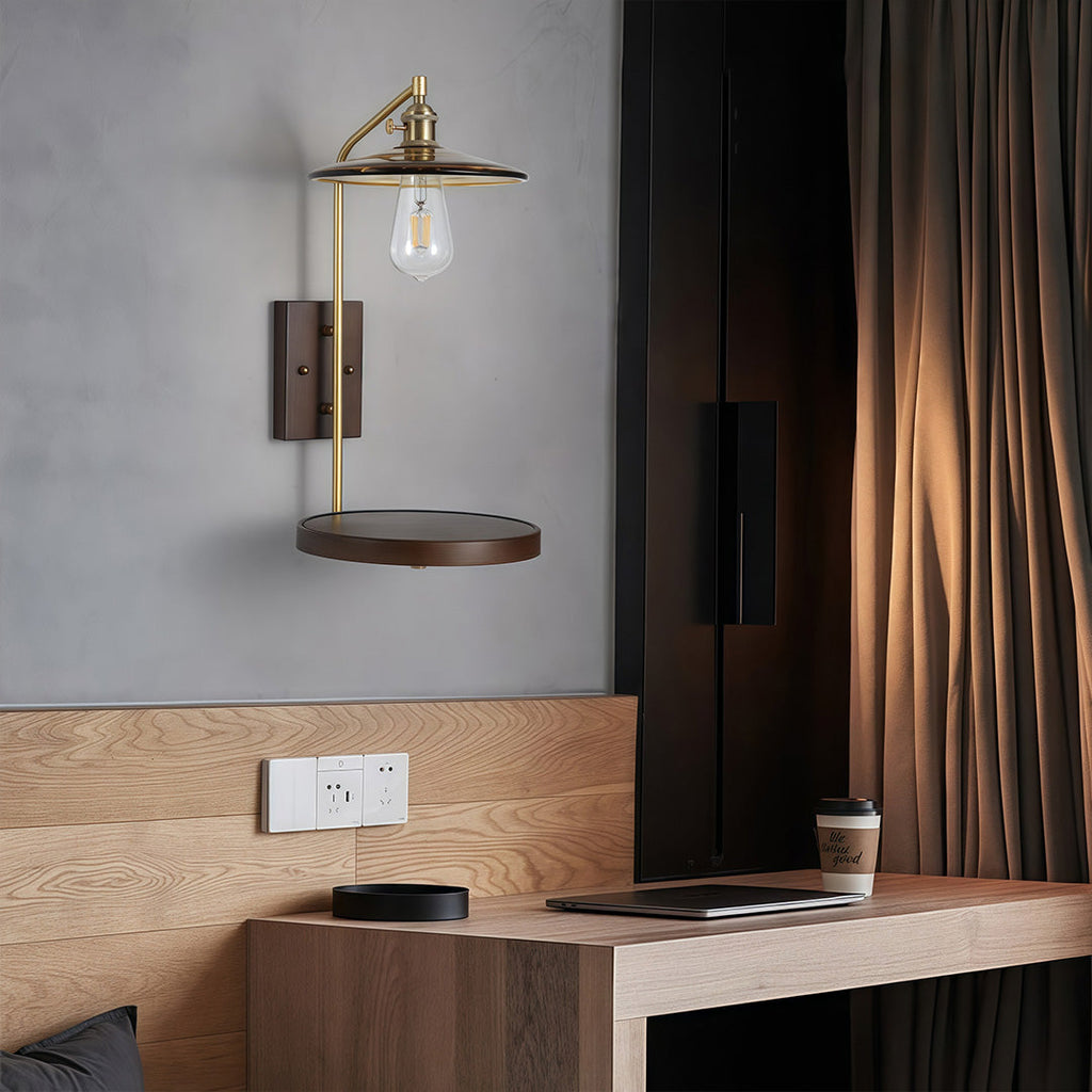 TAKASHI WAVE GLASS SCONCE WITH IRON FRAME AND RUBBERWOOD ACCENTS