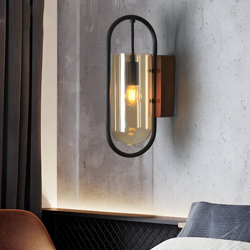 WINTERBOURNE NORDIC WOOD AND IRON WALL LANTERN WITH DIMMABLE GLASS SHADE
