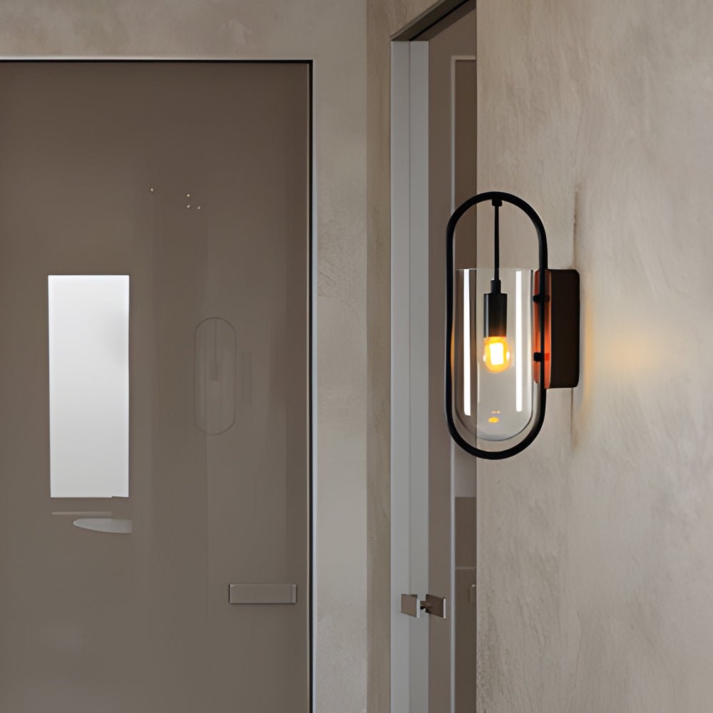 WINTERBOURNE NORDIC WOOD AND IRON WALL LANTERN WITH DIMMABLE GLASS SHADE