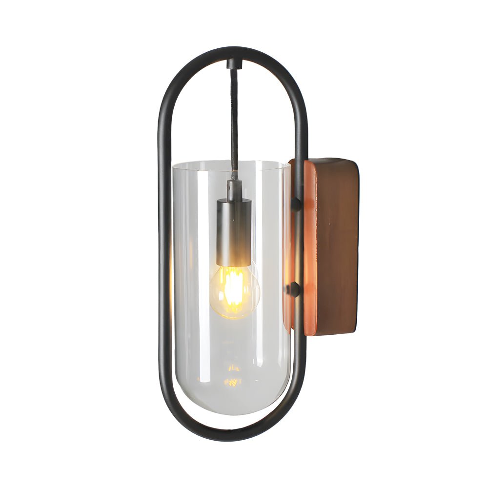 WINTERBOURNE NORDIC WOOD AND IRON WALL LANTERN WITH DIMMABLE GLASS SHADE